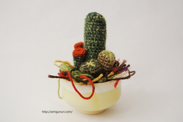 Cactus amigunuri sobre bol de cerámica japonesa